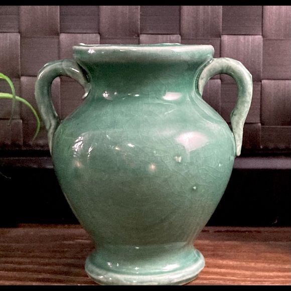 Rare Mid Century Vintage Japanese Art Pottery Double Handle Celadon Urn - Picture 6 of 9